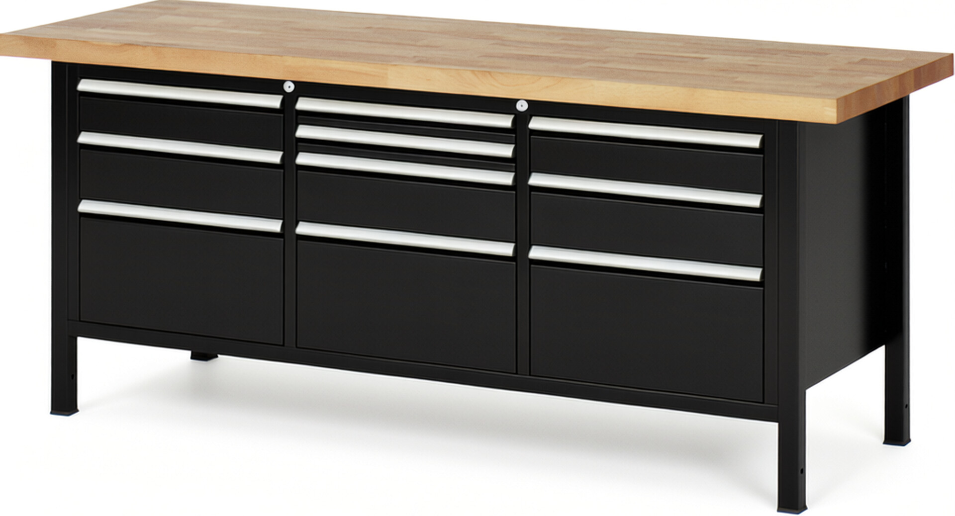Werkbank Modell 8576 schwarz, BxTxH 2000x700x840-1040 mm,  Buche-Massiv Arbeitsplatte 40 mm,  10 Schubladen mit  Auszug 90 %