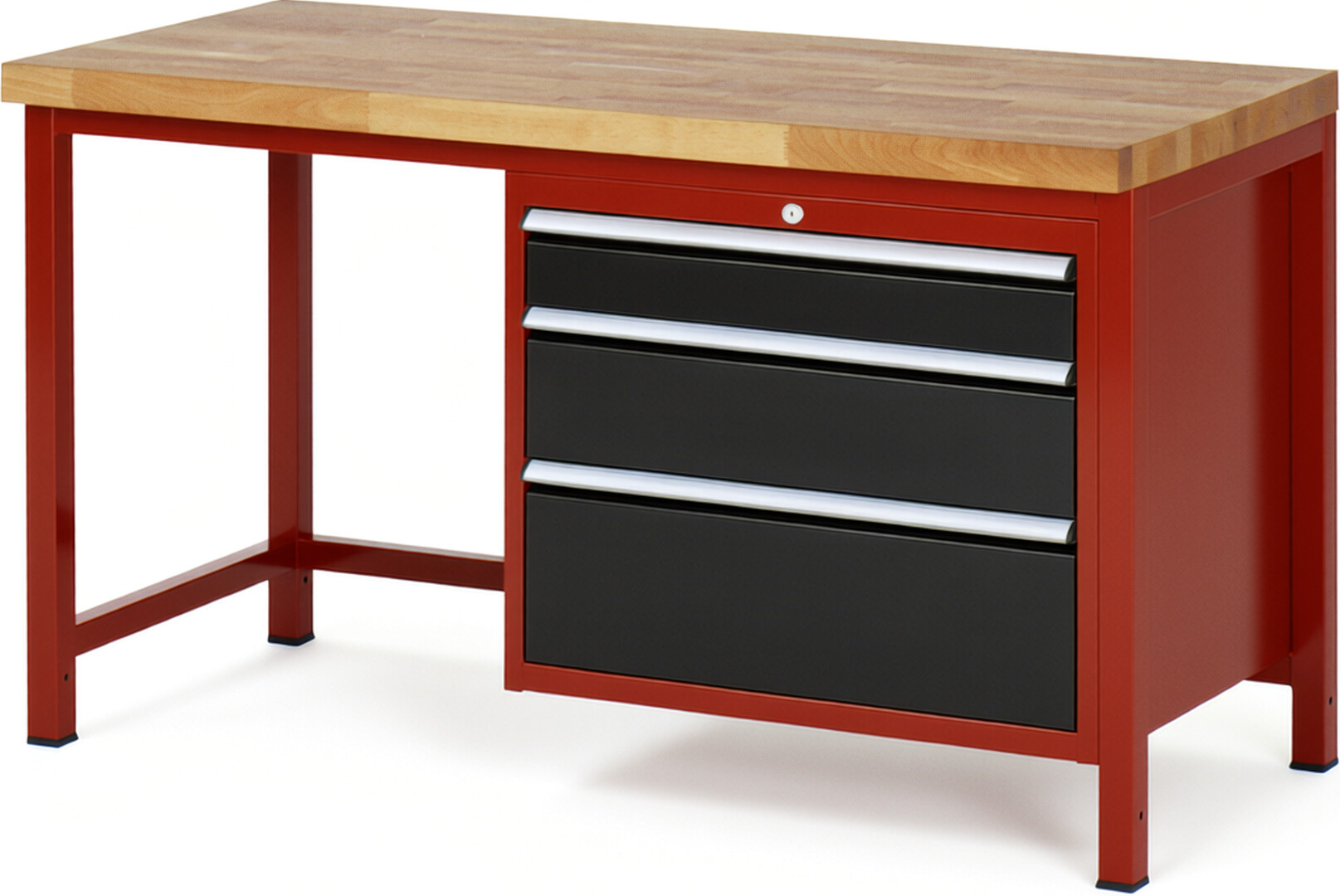 Werkbank Modell 8259 rot - schwarz, BxTxH 1500x700x840-1040 mm,  Buche-Massiv Arbeitsplatte 40 mm,  3 Schubladen mit  Auszug 90 %