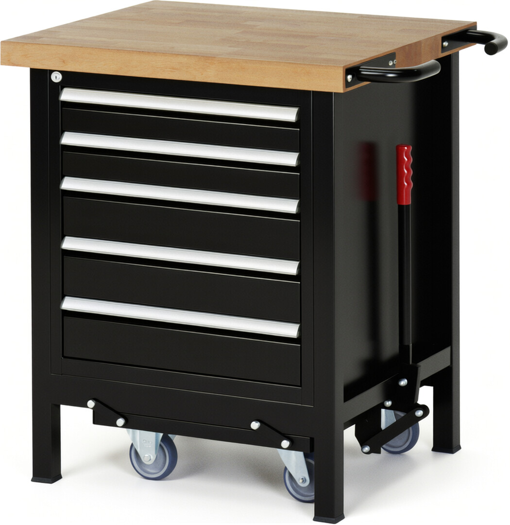 Absenkbare Werkbank Modell 8171 schwarz, BxTxH 750x700x880 mm,  Buche-Massiv Arbeitsplatte 40 mm,  5 Schubladen mit  Auszug 90 %