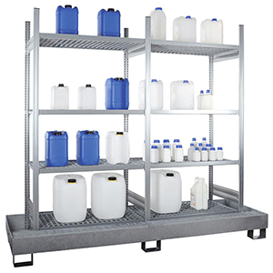 Kleingebinderegal mit 2x4 Gitterrostböden und 1 Auffangwanne verzinkt