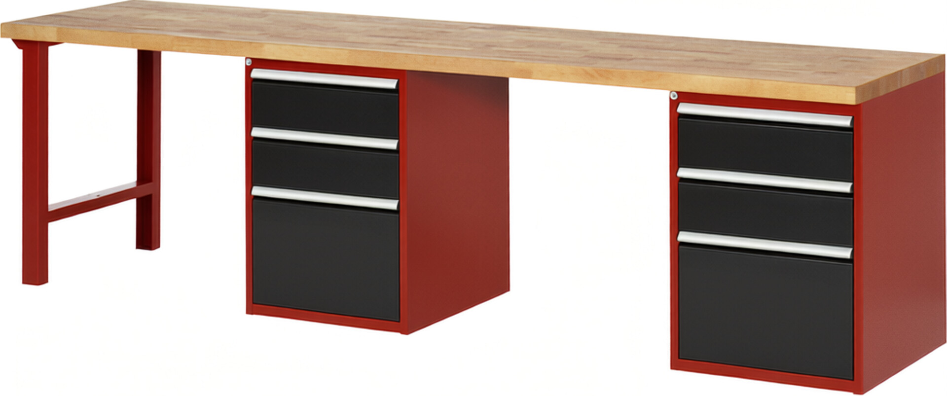 Werkbank Modell 7507 rot - schwarz, BxTxH 3000x700x890 mm,  Buche-Massiv Arbeitsplatte 40 mm,  6 Schubladen mit  Vollauszug 100 % und  SoftClosing