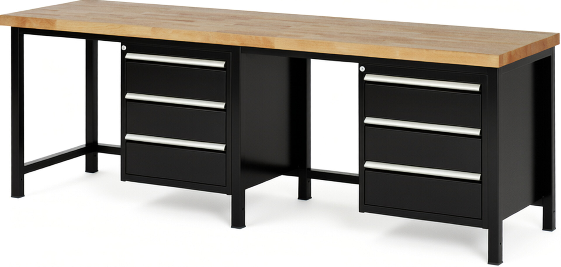 Werkbank Modell 8157 schwarz, BxTxH 2500x700x840 mm,  Buche-Massiv Arbeitsplatte 40 mm,  6 Schubladen mit  Vollauszug 100 % und  SoftClosing