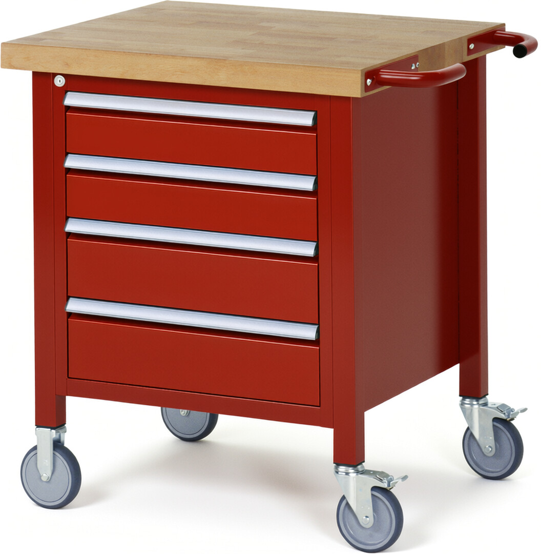 Fahrbare Werkbank Modell 8162 rot, BxTxH 750x700x880 mm,  Buche-Massiv Arbeitsplatte 40 mm,  4 Schubladen mit  Vollauszug 100 % und  SoftClosing