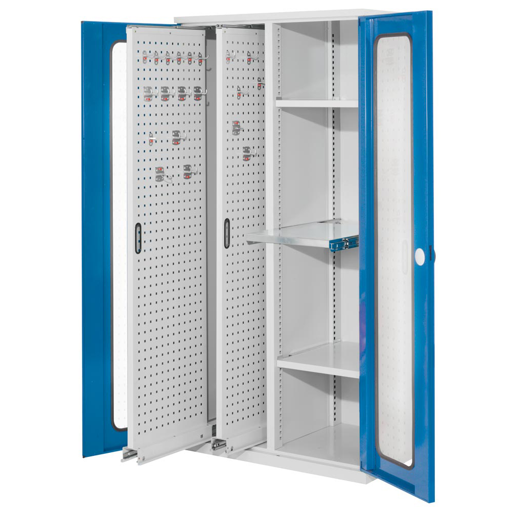 Auszugschrank - Schwerlastschrank, Sichtfenstertüren,BxTxH 1000x600x1950 mm, 7035 / 5010, Anzahl Böden 2 Stk.