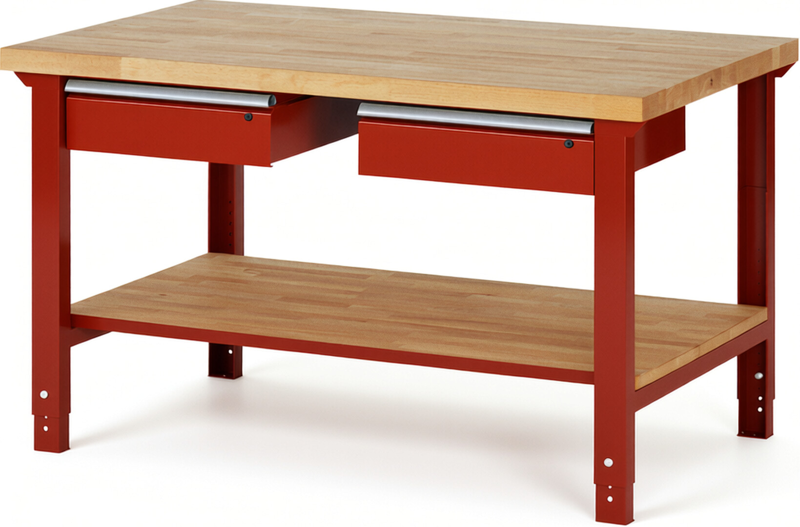 Werkbank Modell 7002 rot, BxTxH 1500x900x790-1140 mm,  Buche-Massiv Arbeitsplatte 40 mm,  2 Schubladen mit  Auszug 90 %