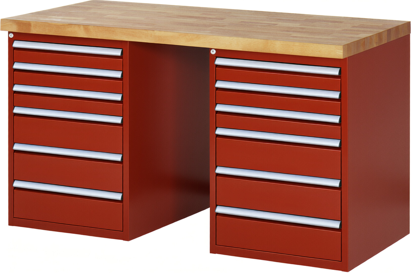 Werkbank Modell 7515 rot, BxTxH 1500x700x890 mm,  Buche-Massiv Arbeitsplatte 40 mm,  12 Schubladen mit  Auszug 90 %