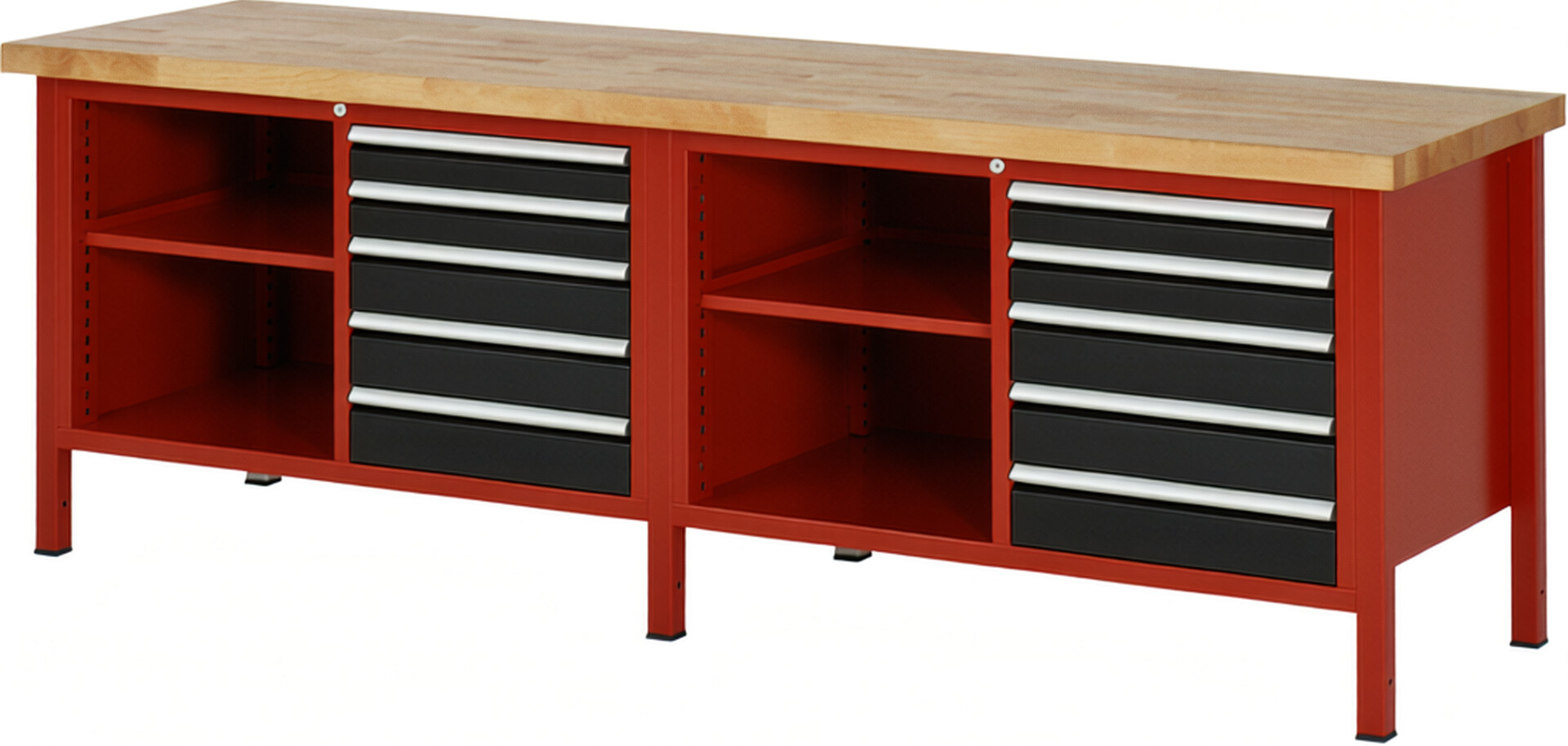 Werkbank Modell 8464 rot - schwarz, BxTxH 2500x700x840 mm,  Buche-Massiv Arbeitsplatte 40 mm,  10 Schubladen mit  Auszug 90 %