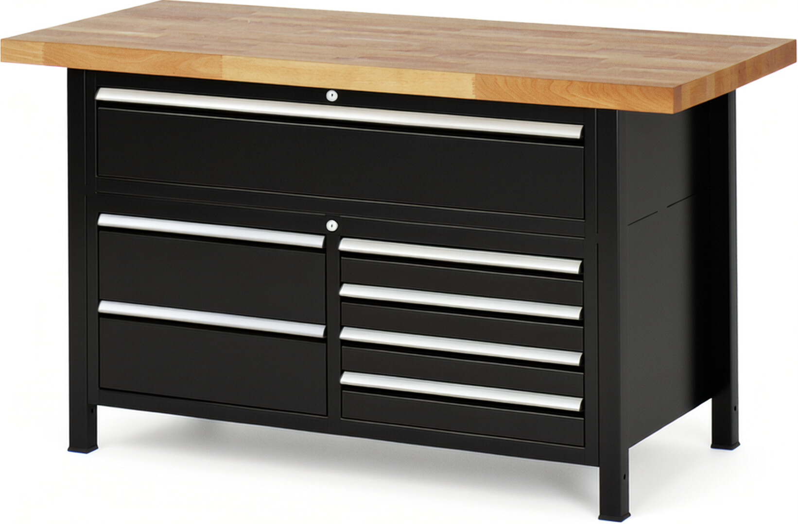 Werkbank Modell 8921 schwarz, BxTxH 1500x700x840-1040 mm,  Buche-Massiv Arbeitsplatte 40 mm,  7 Schubladen mit  Auszug 90 %