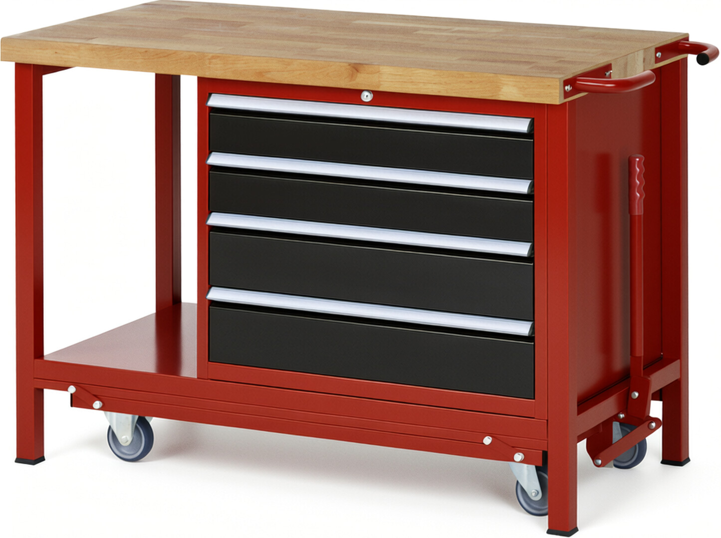 Absenkbare Werkbank Modell 8262 rot - schwarz, BxTxH 1250x700x880 mm,  Buche-Massiv Arbeitsplatte 40 mm,  4 Schubladen mit  Vollauszug 100 % und  SoftClosing