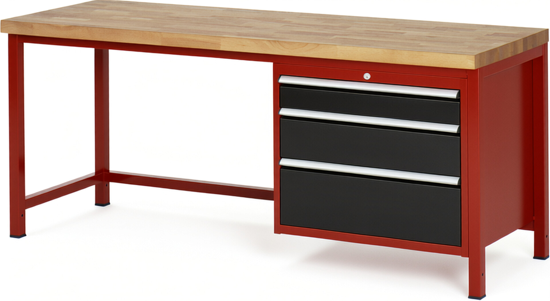 Werkbank Modell 8259 rot - schwarz, BxTxH 2000x700x840 mm,  Buche-Massiv Arbeitsplatte 40 mm,  3 Schubladen mit  Auszug 90 %