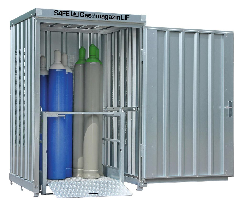 Gasflaschenlager, Gasflaschencontainer, Safe-Gasmagazin, verzinkt, ohne Boden, BxTxH 1420 x 1490 x 2250 mm, montiert, Kapazität 25 Flaschen 50 l