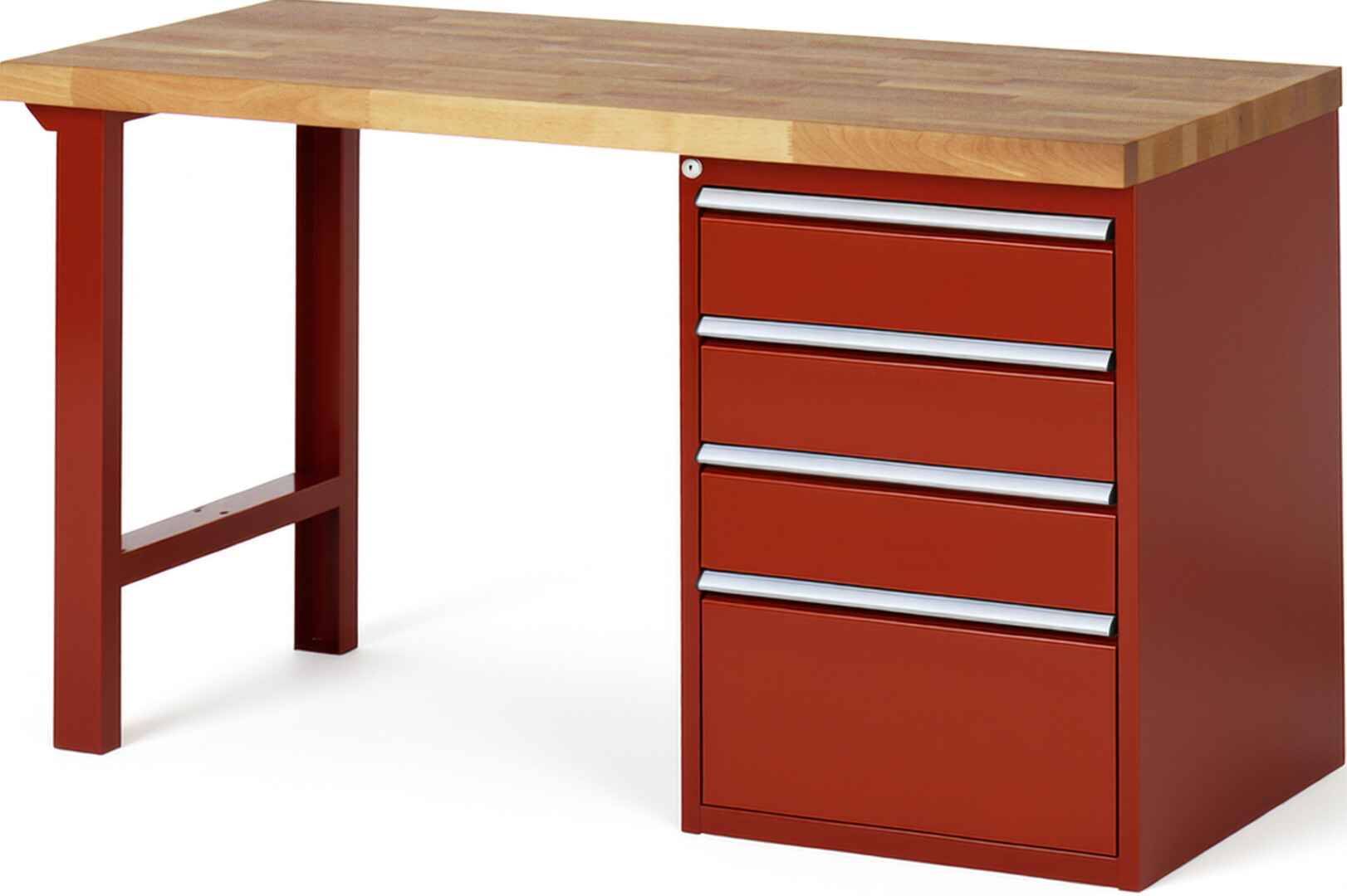 Werkbank Modell 7510 rot, BxTxH 1500x700x890 mm,  Buche-Massiv Arbeitsplatte 40 mm,  4 Schubladen mit  Auszug 90 %