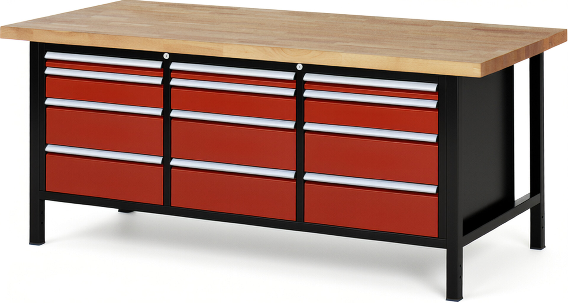 RAU Werkbank schwarz - rot - Breite 200 cm - Tiefe 90 cm - Höhe 104 cm - Buche-Massiv Arbeitsplatte 40 mm