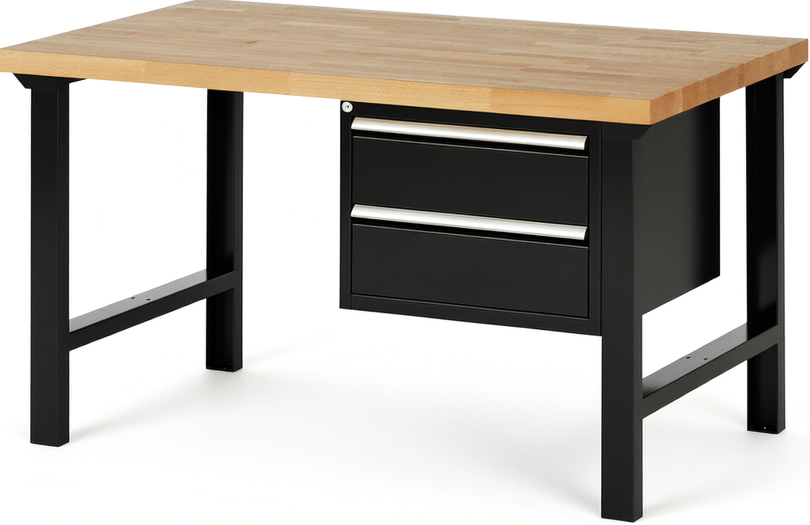 Werkbank Modell 7125 schwarz, BxTxH 1500x900x840 mm,  Buche-Massiv Arbeitsplatte 40 mm,  2 Schubladen mit  Auszug 90 %