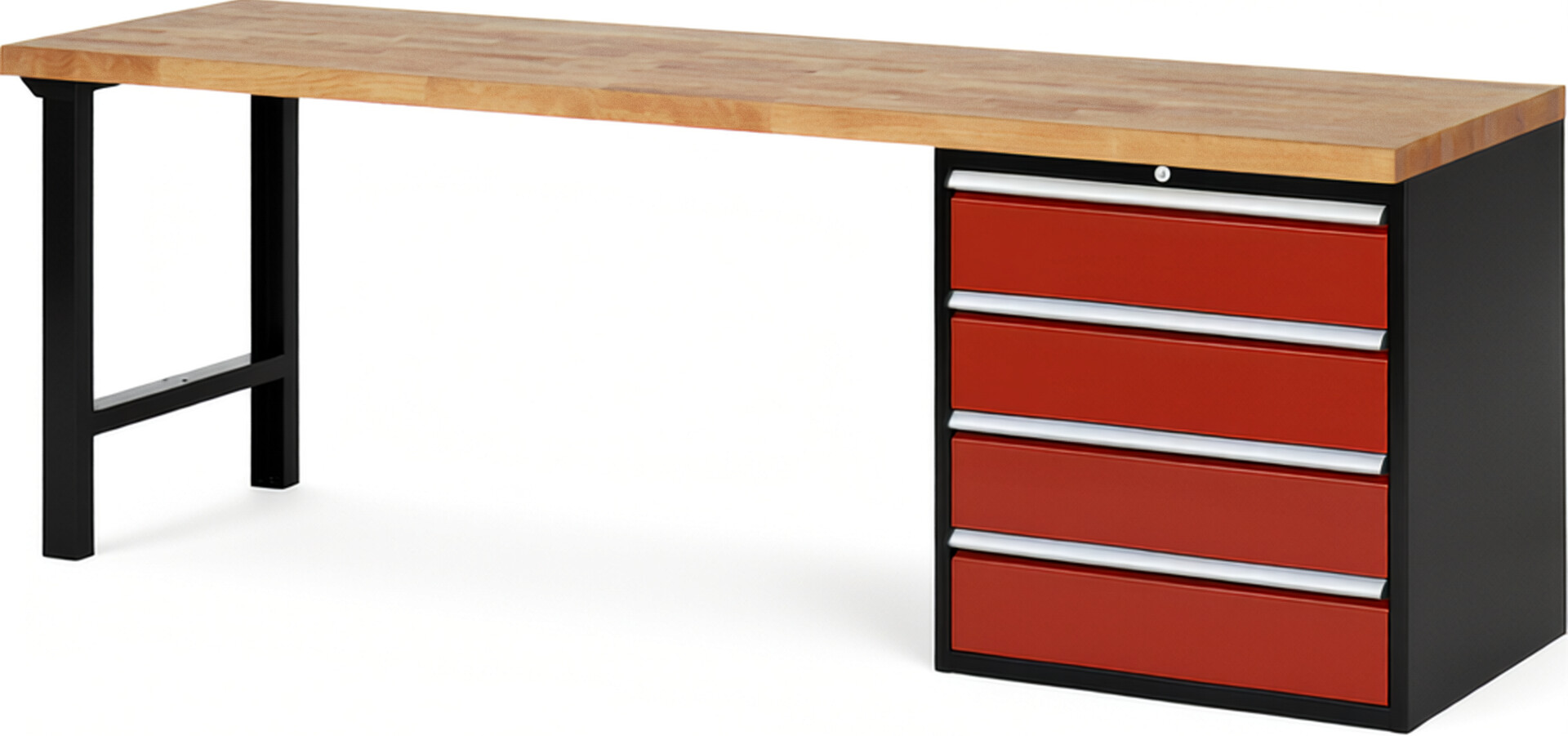 RAU Werkbank schwarz - rot - Breite 250 cm - Tiefe 70 cm - Höhe 89 cm - Buche-Massiv Arbeitsplatte 40 mm