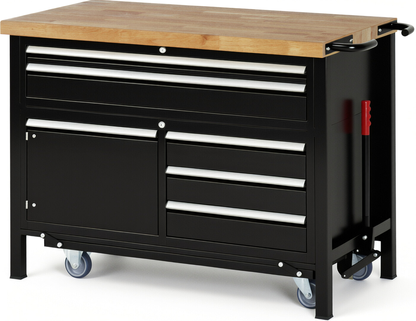 Absenkbare Werkbank Modell 8922 schwarz, BxTxH 1250x700x920 mm,  Buche-Massiv Arbeitsplatte 40 mm,  5 Schubladen mit  Vollauszug 100 % und  SoftClosing