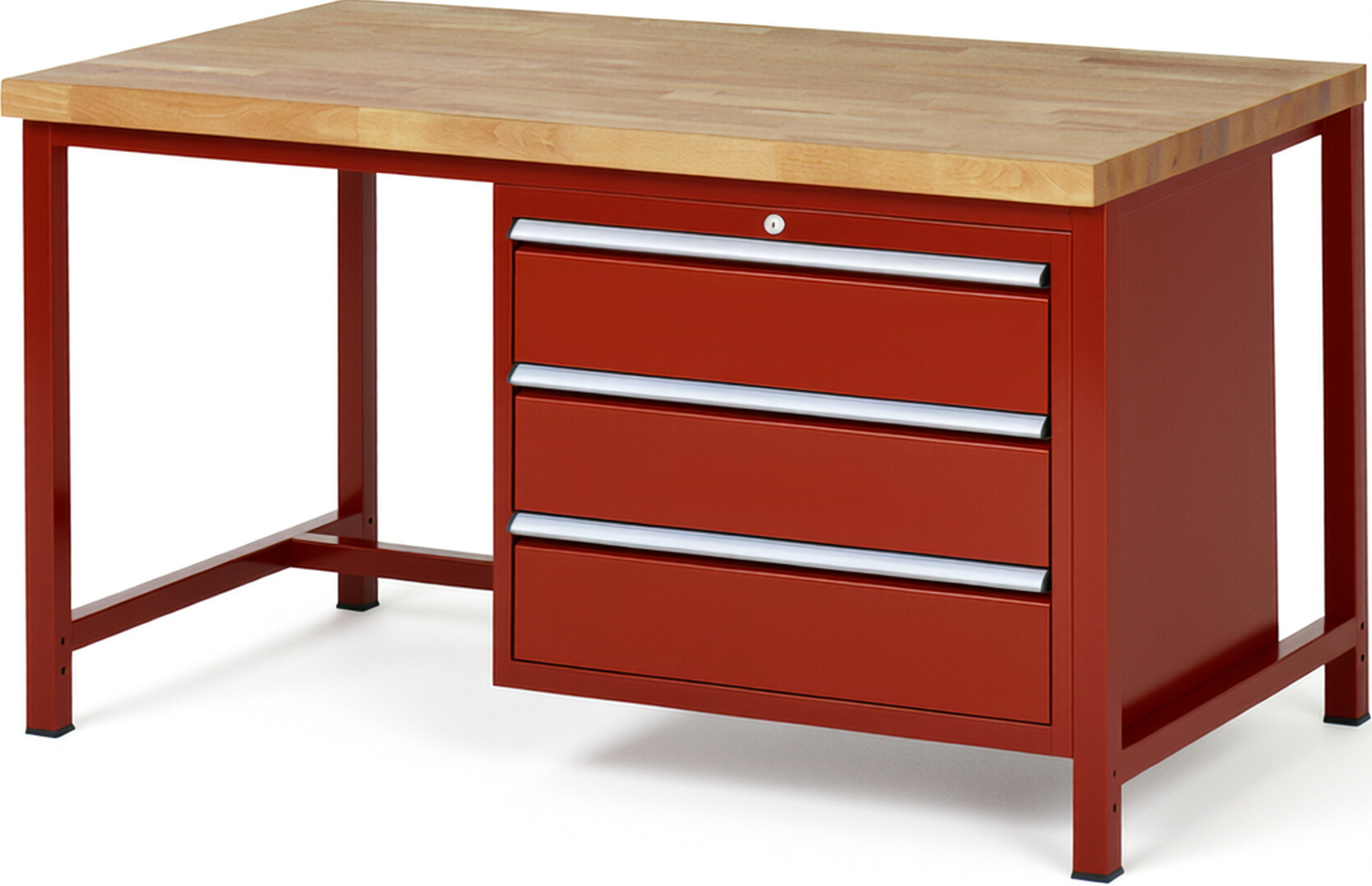 Werkbank Modell 8257 rot, BxTxH 1500x900x840 mm,  Buche-Massiv Arbeitsplatte 40 mm,  3 Schubladen mit  Vollauszug 100 % und  SoftClosing