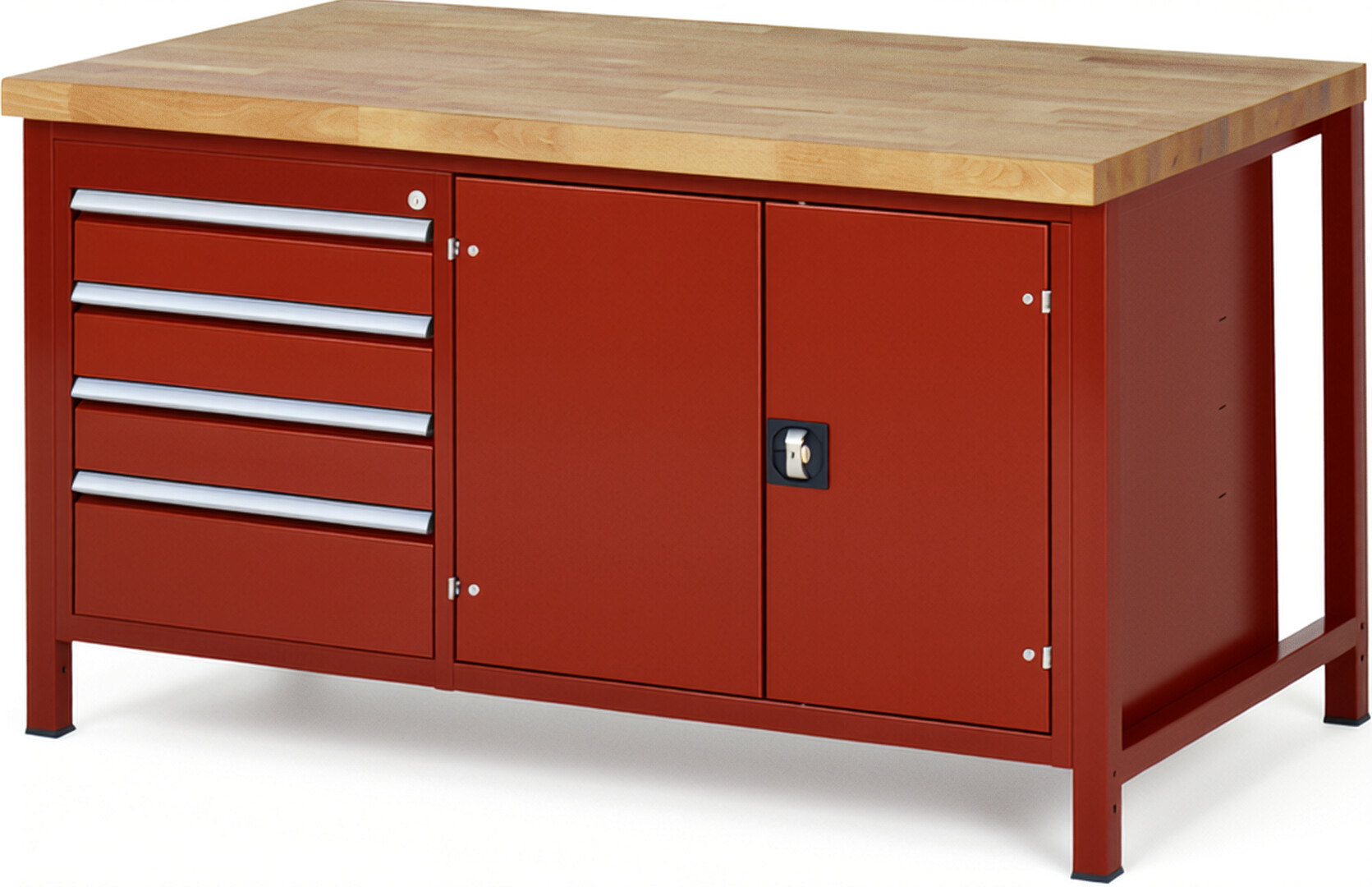 Werkbank Modell 8905 rot, BxTxH 1500x900x840-1040 mm,  Buche-Massiv Arbeitsplatte 40 mm,  4 Schubladen mit  Auszug 90 %