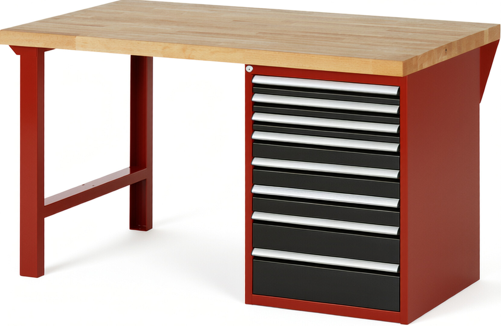 Werkbank Modell 7519 rot - schwarz, BxTxH 1500x900x890 mm,  Buche-Massiv Arbeitsplatte 40 mm,  8 Schubladen mit  Auszug 90 %
