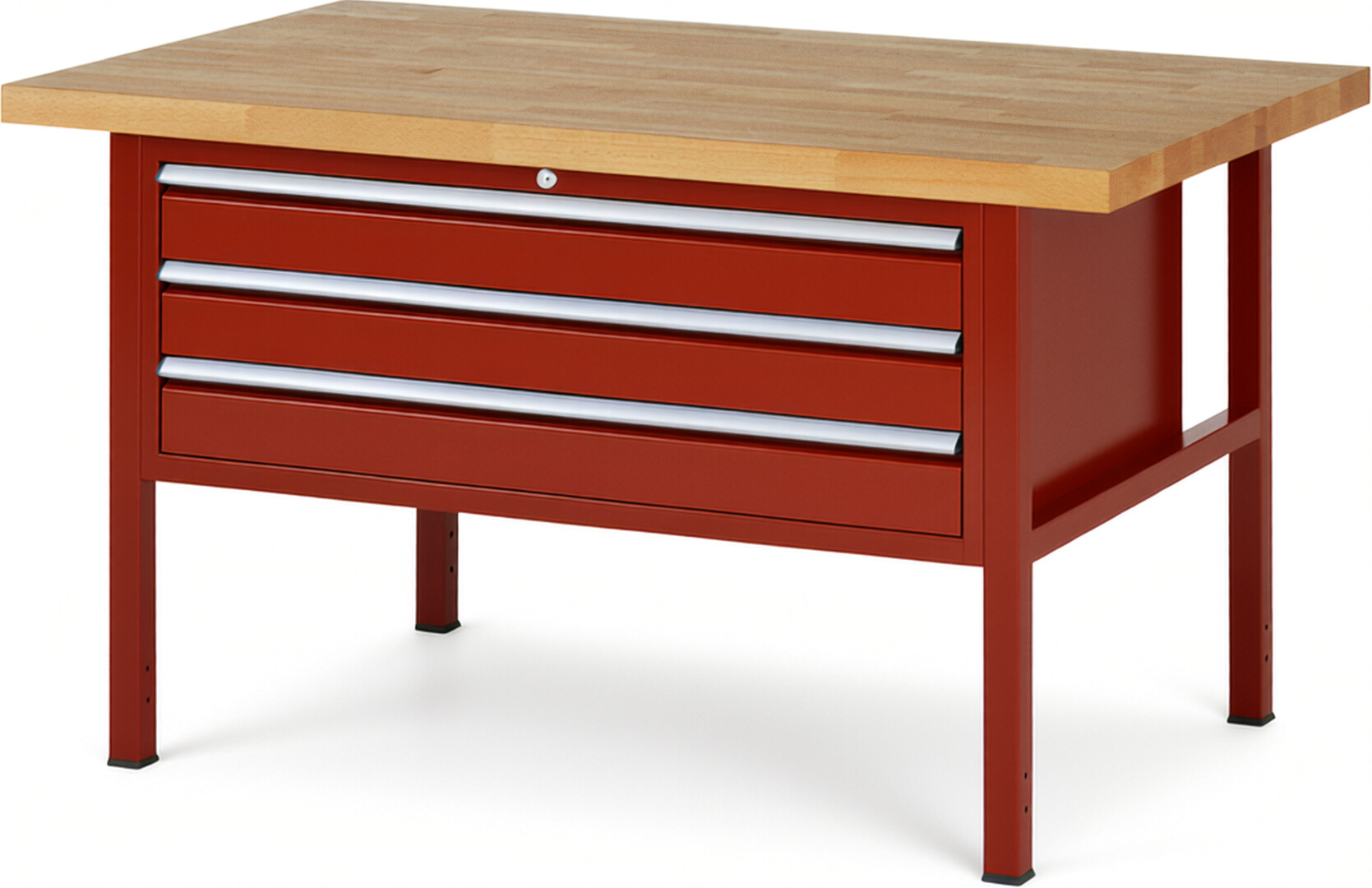 Werkbank Modell 8327 rot, BxTxH 1500x900x840 mm,  Buche-Massiv Arbeitsplatte 40 mm,  3 Schubladen mit  Vollauszug 100 % und  SoftClosing
