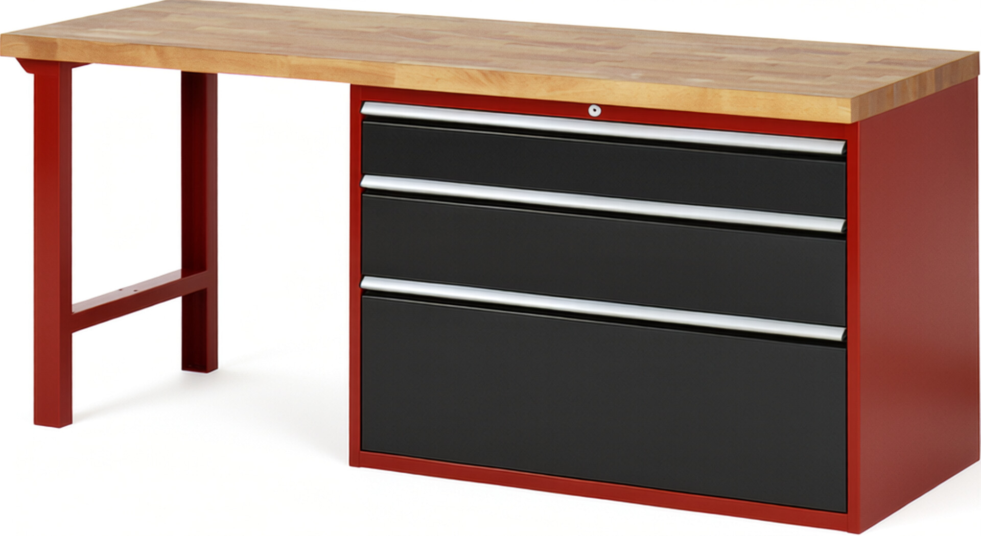 Werkbank Modell 7708 rot - schwarz, BxTxH 2000x700x890 mm,  Buche-Massiv Arbeitsplatte 40 mm,  3 Schubladen mit  Auszug 90 %