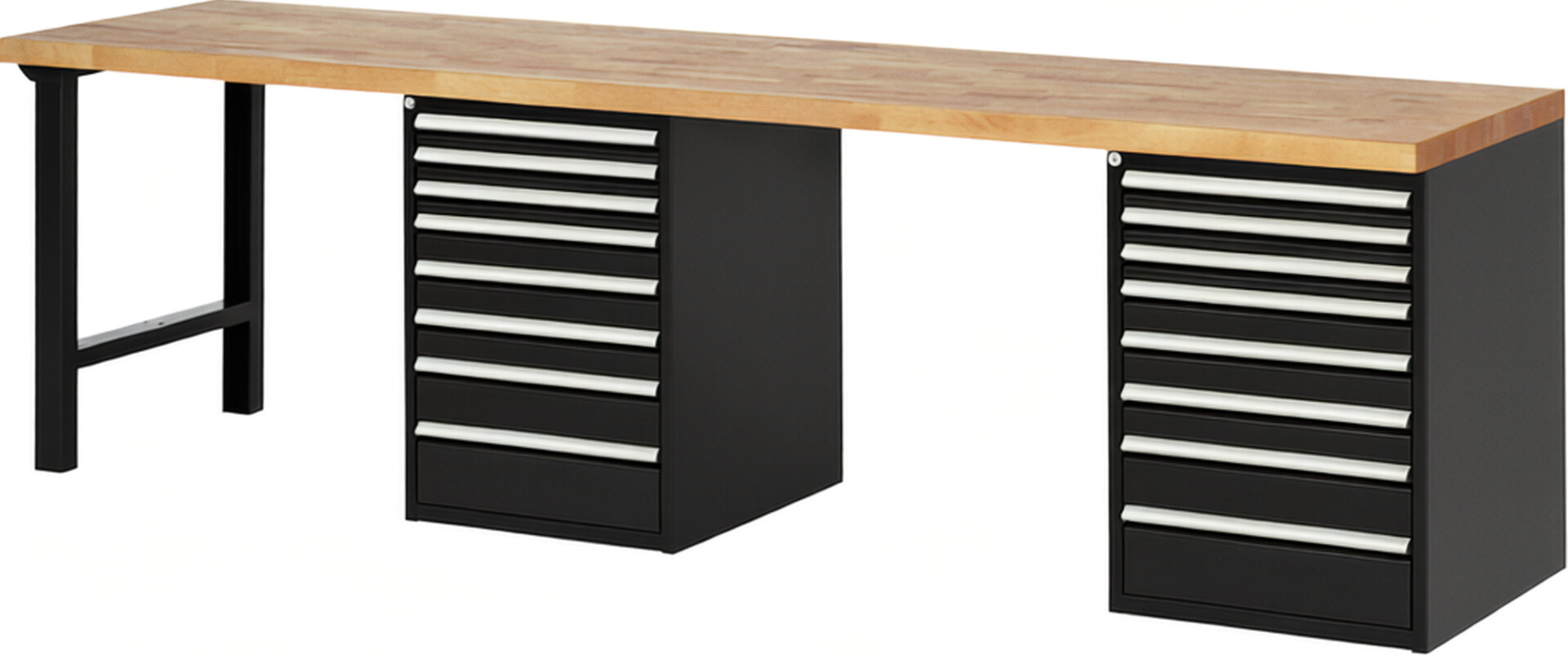 Werkbank Modell 7519 schwarz, BxTxH 3000x700x840 mm,  Buche-Massiv Arbeitsplatte 40 mm,  16 Schubladen mit  Auszug 90 %