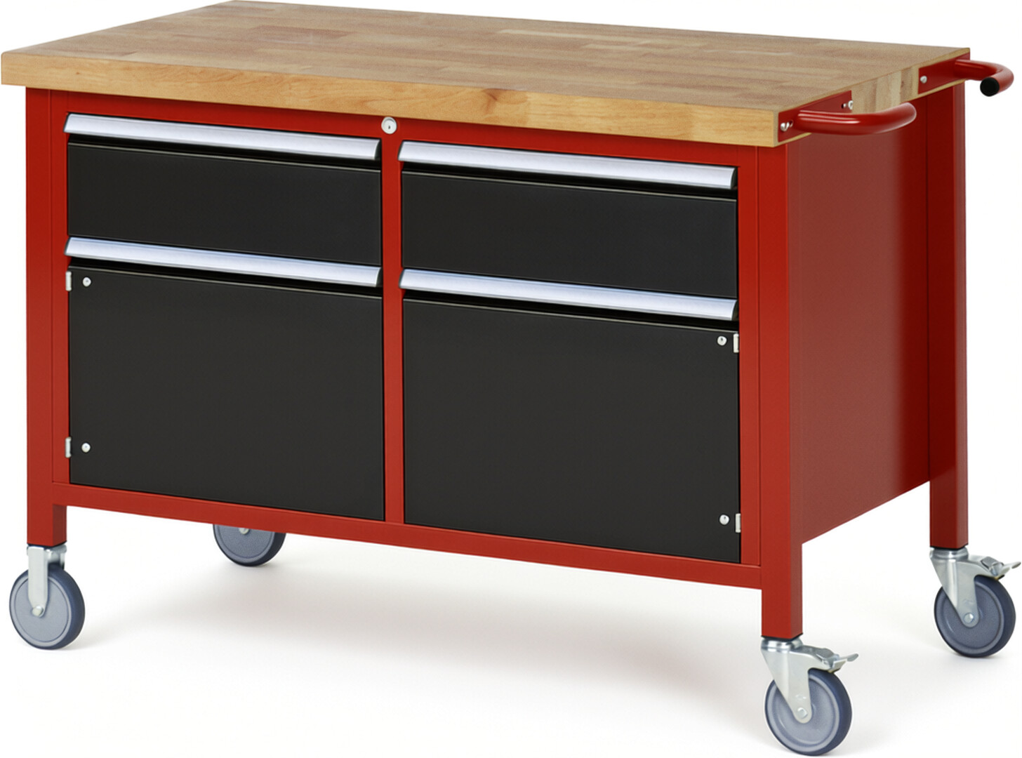 Fahrbare Werkbank Modell 8466 rot - schwarz, BxTxH 1250x700x880 mm,  Buche-Massiv Arbeitsplatte 40 mm,  2 Schubladen mit  Vollauszug 100 % und  SoftClosing