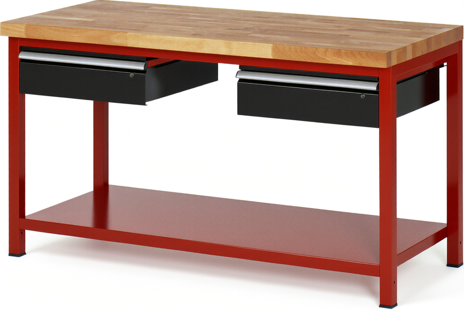 Werkbank Modell 8002 rot - schwarz, BxTxH 1500x700x840-1040 mm,  Buche-Massiv Arbeitsplatte 40 mm,  2 Schubladen mit  Auszug 90 %