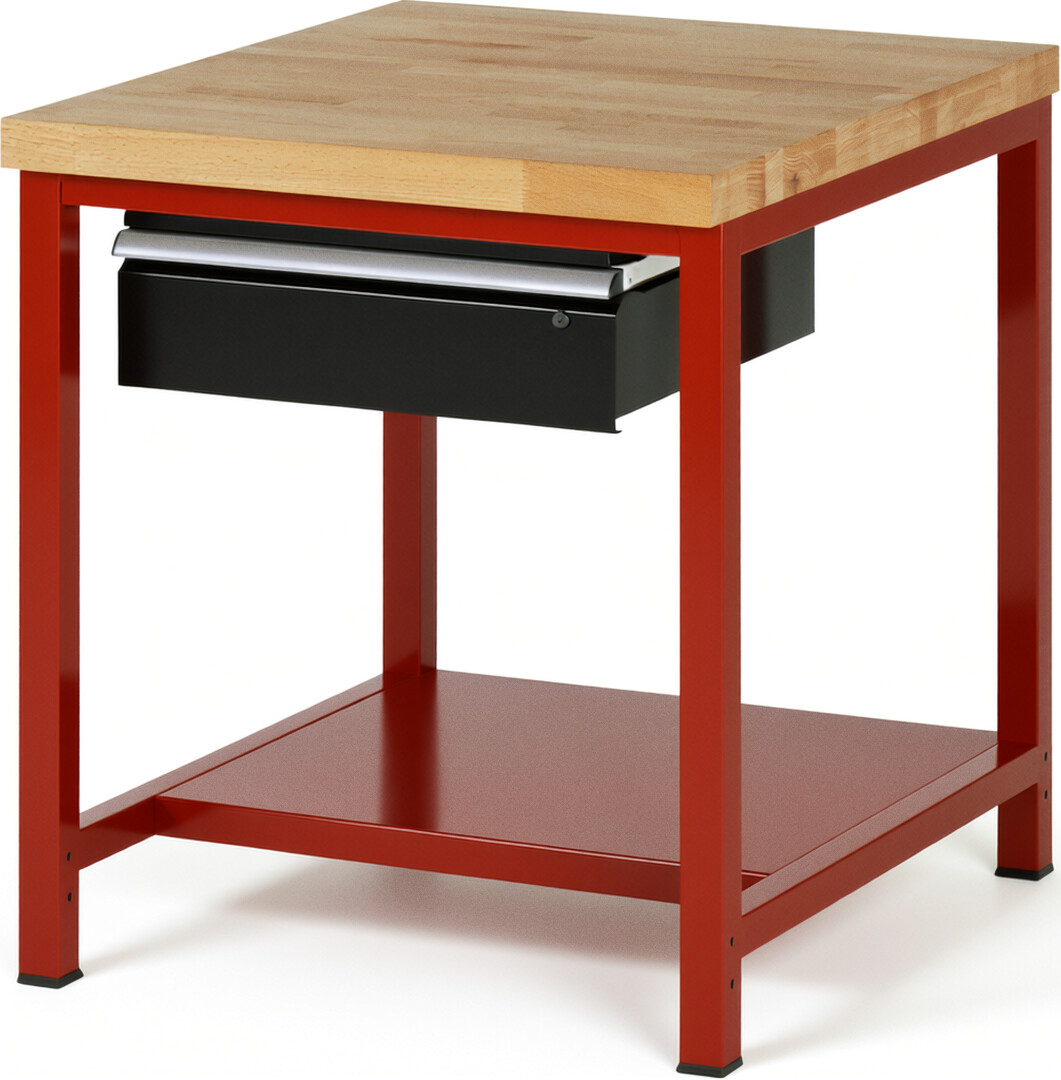 Werkbank Modell 8001 rot - schwarz, BxTxH 750x900x840 mm,  Buche-Massiv Arbeitsplatte 40 mm,  1 Schublade mit  Auszug 90 %