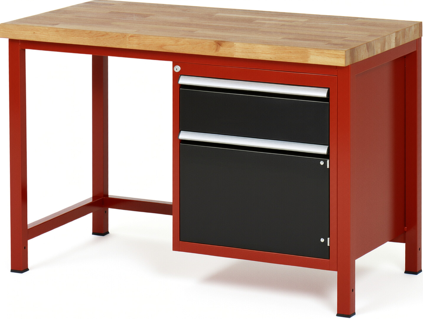 Werkbank Modell 8152 rot - schwarz, BxTxH 1250x700x840 mm,  Buche-Massiv Arbeitsplatte 40 mm,  1 Schublade mit  Vollauszug 100 % und  SoftClosing