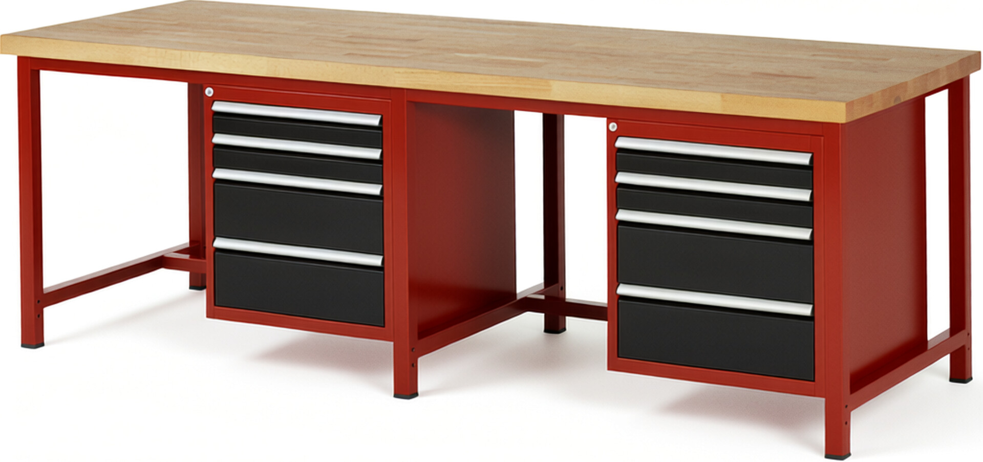 Werkbank Modell 8161 rot - schwarz, BxTxH 2500x900x840-1040 mm,  Buche-Massiv Arbeitsplatte 40 mm,  8 Schubladen mit  Vollauszug 100 % und  SoftClosing
