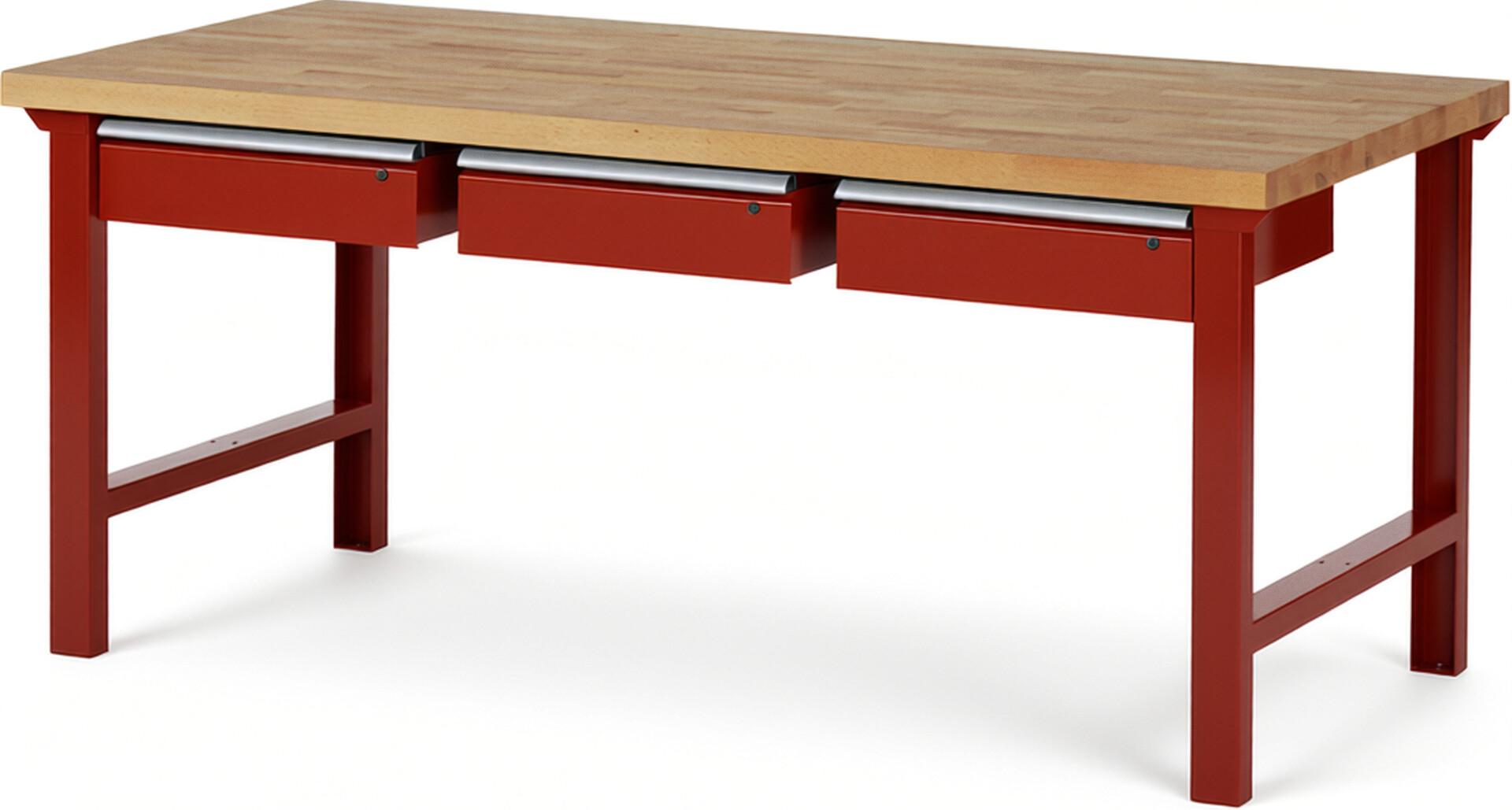 Werkbank Modell 7003 rot, BxTxH 2000x900x840 mm,  Buche-Massiv Arbeitsplatte 40 mm,  3 Schubladen mit  Auszug 90 %