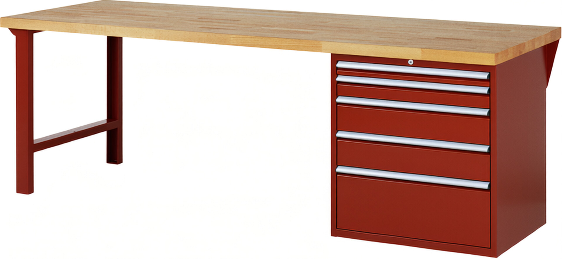 Werkbank Modell 7611 rot, BxTxH 2500x900x890 mm,  Buche-Massiv Arbeitsplatte 40 mm,  5 Schubladen mit  Vollauszug 100 % und  SoftClosing