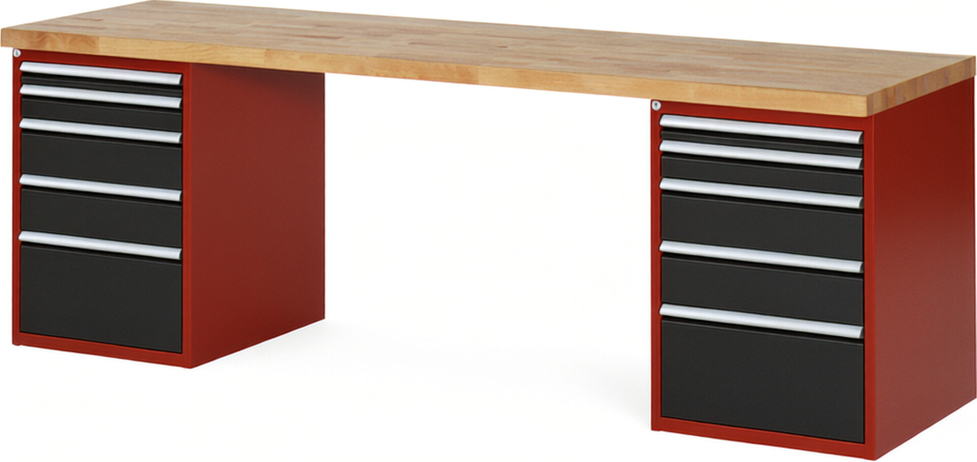Werkbank Modell 7511 rot - schwarz, BxTxH 2500x700x890 mm,  Buche-Massiv Arbeitsplatte 40 mm,  10 Schubladen mit  Vollauszug 100 % und  SoftClosing