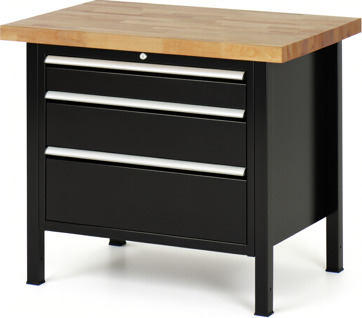 Werkbank Modell 8259 schwarz, BxTxH 1000x700x840-1040 mm,  Buche-Massiv Arbeitsplatte 40 mm,  3 Schubladen mit  Auszug 90 %