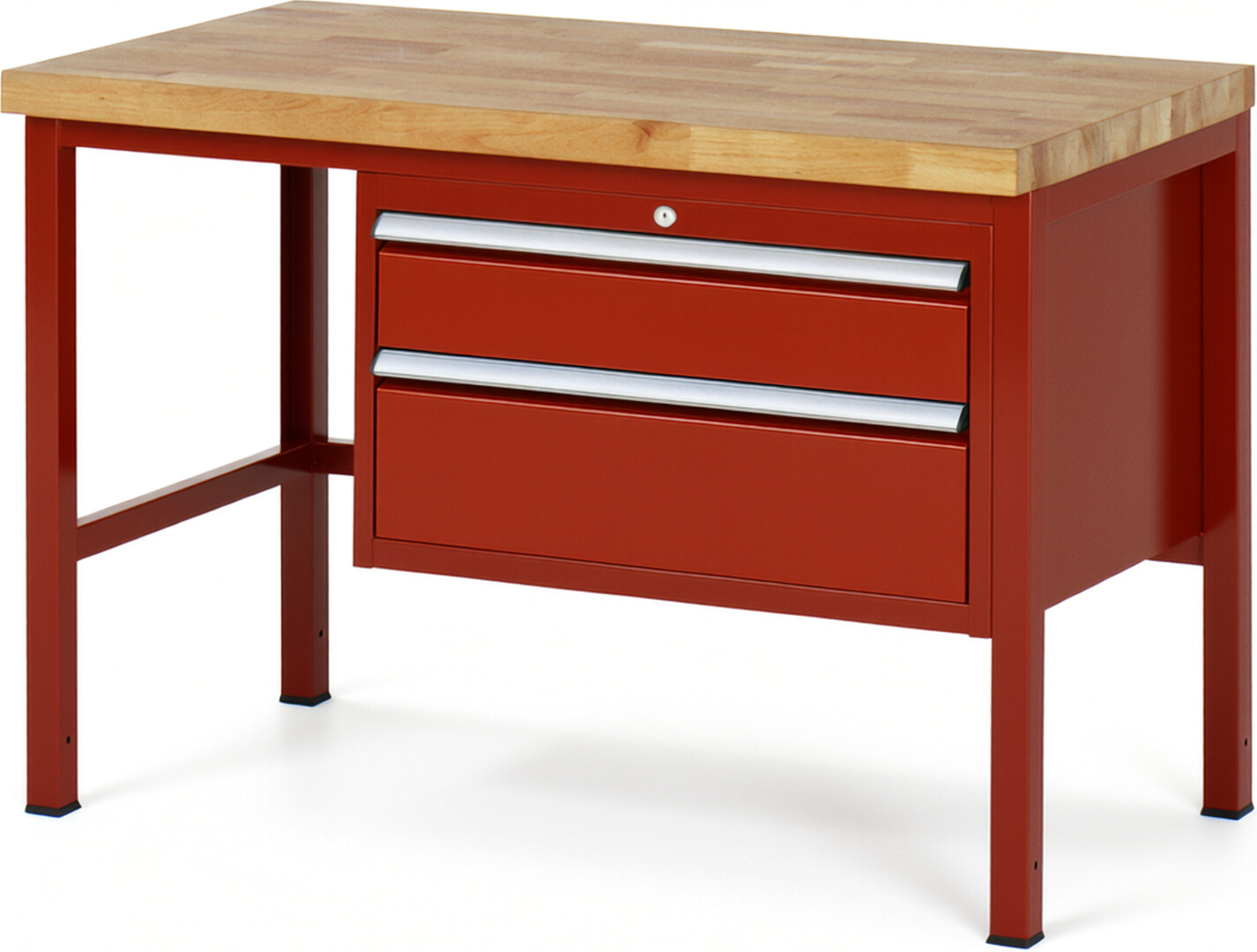 Werkbank Modell 8223 rot, BxTxH 1250x700x840-1040 mm,  Buche-Massiv Arbeitsplatte 40 mm,  2 Schubladen mit  Vollauszug 100 % und  SoftClosing