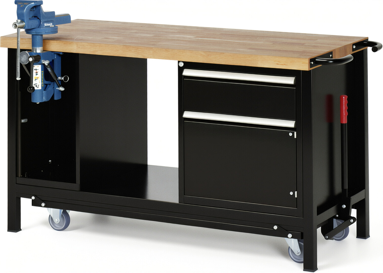 Absenkbare Werkbank Modell 8181 schwarz, BxTxH 1500x700x880 mm,  Buche-Massiv Arbeitsplatte 40 mm,  1 Schublade mit  Vollauszug 100 % und  SoftClosing