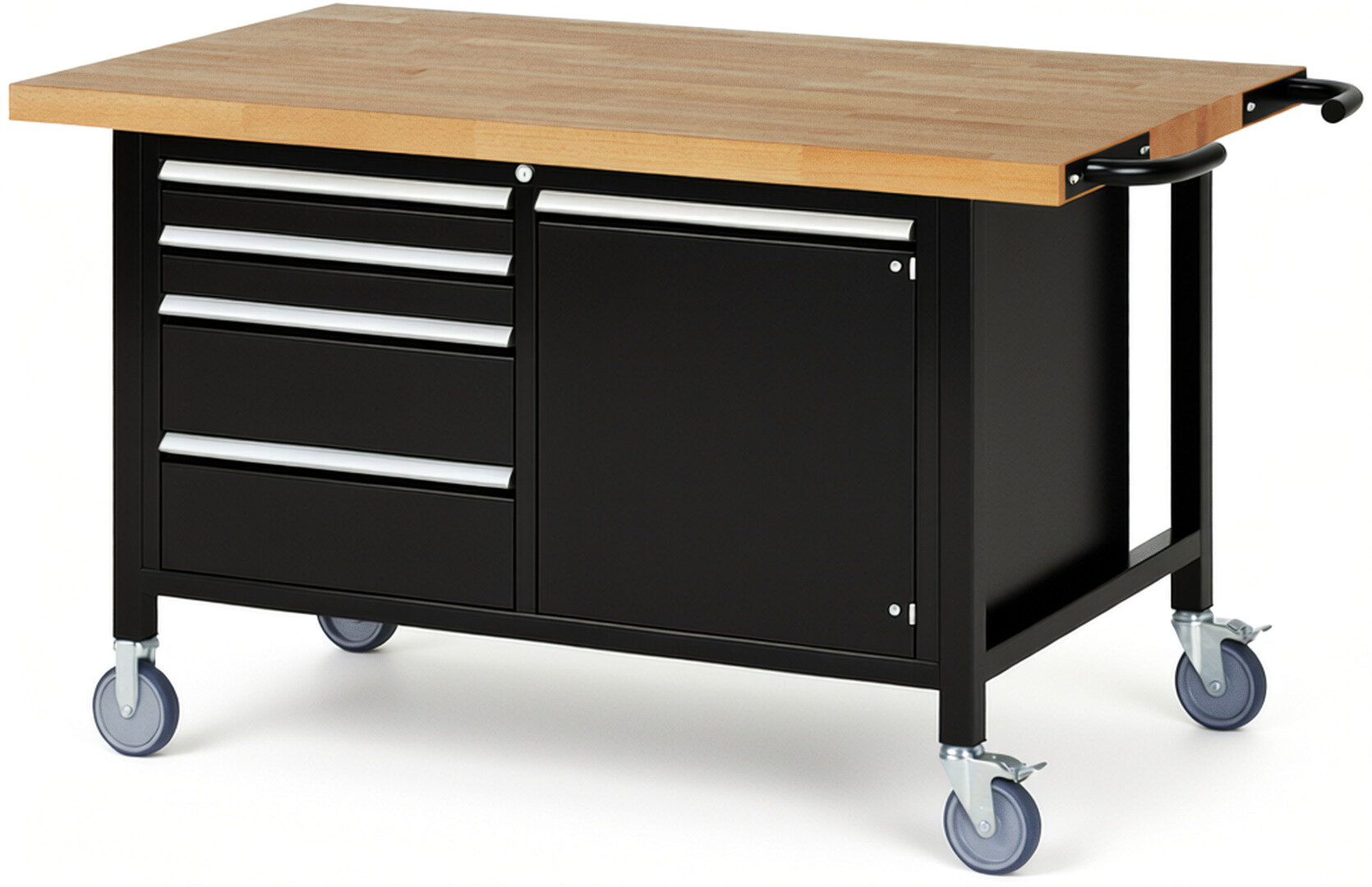 Fahrbare Werkbank Modell 8470 schwarz, BxTxH 1500x900x880 mm,  Buche-Massiv Arbeitsplatte 40 mm,  4 Schubladen mit  Vollauszug 100 % und  SoftClosing