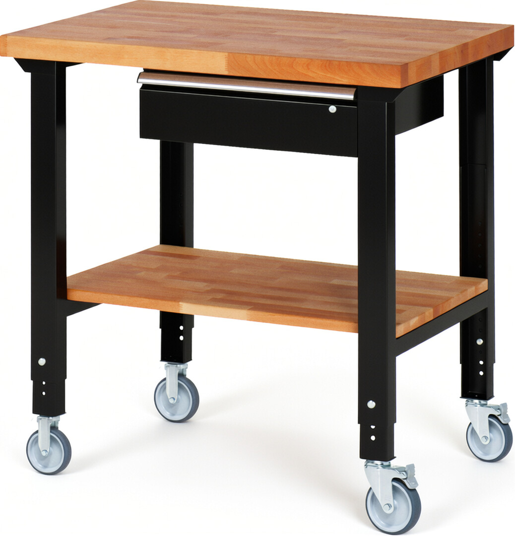 Fahrbare Werkbank Modell 7001 schwarz, BxTxH 1000x700x950-1000 mm,  Buche-Massiv Arbeitsplatte 40 mm,  1 Schublade mit  Auszug 90 %