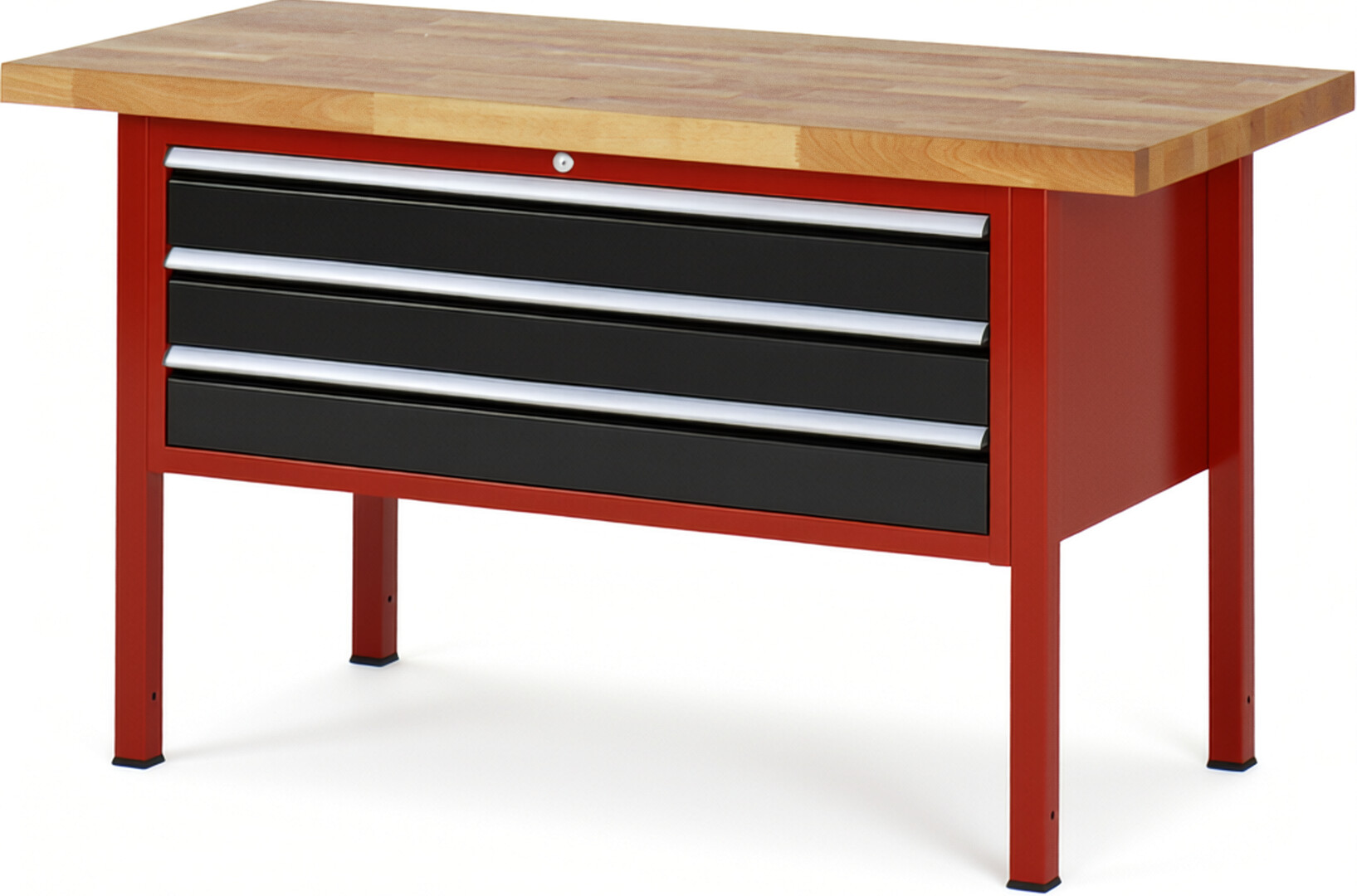Werkbank Modell 8327 rot - schwarz, BxTxH 1500x700x840 mm,  Buche-Massiv Arbeitsplatte 40 mm,  3 Schubladen mit  Auszug 90 %