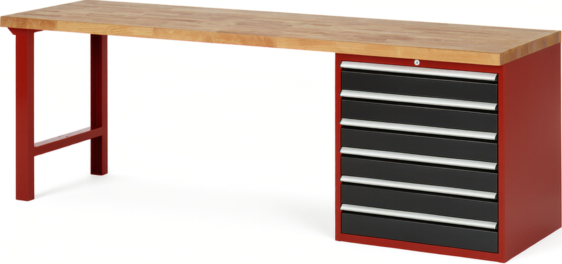 Werkbank Modell 7616 rot - schwarz, BxTxH 2500x700x890 mm,  Buche-Massiv Arbeitsplatte 40 mm,  6 Schubladen mit  Auszug 90 %