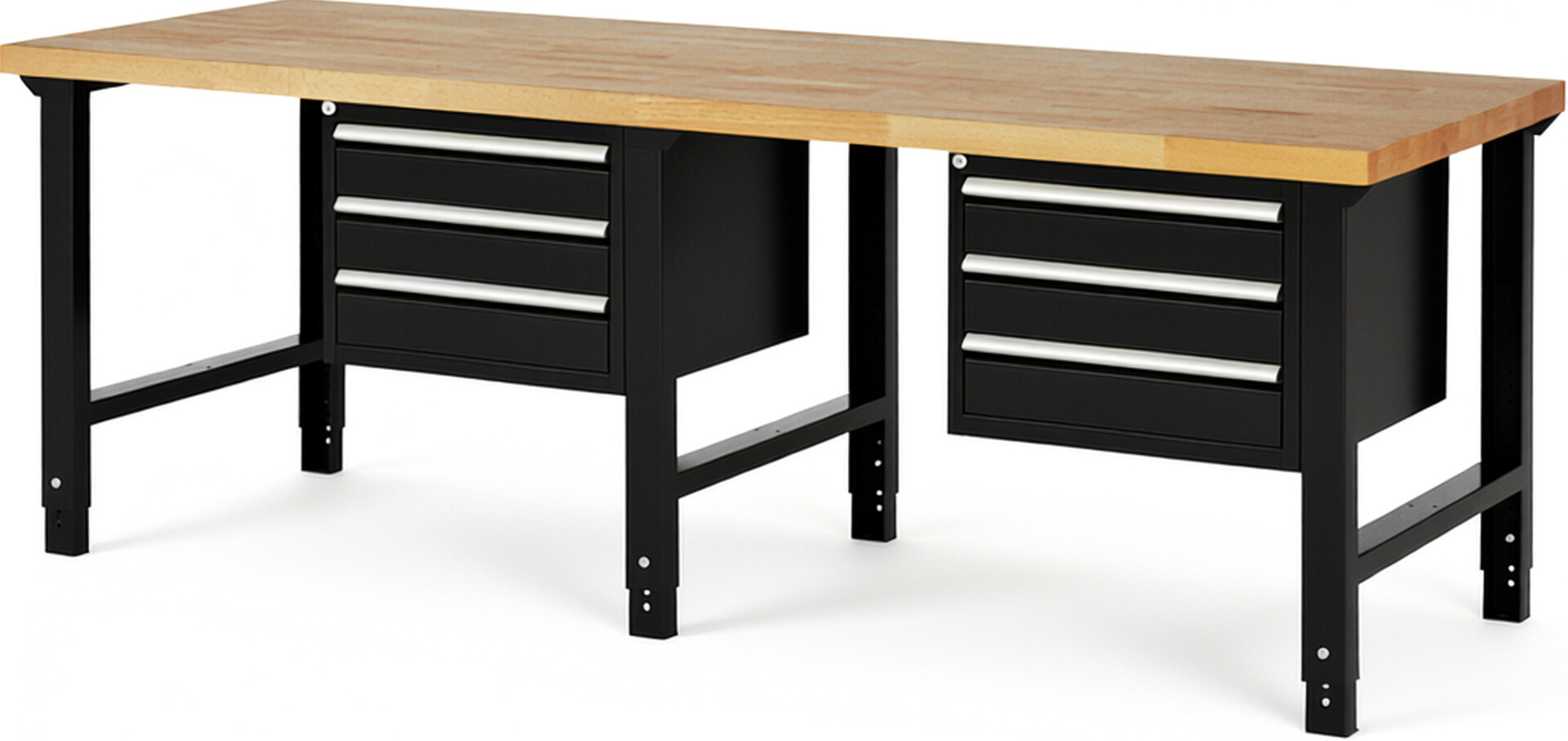 Werkbank Modell 7127 schwarz, BxTxH 2500x900x790-1140 mm,  Buche-Massiv Arbeitsplatte 40 mm,  6 Schubladen mit  Auszug 90 %