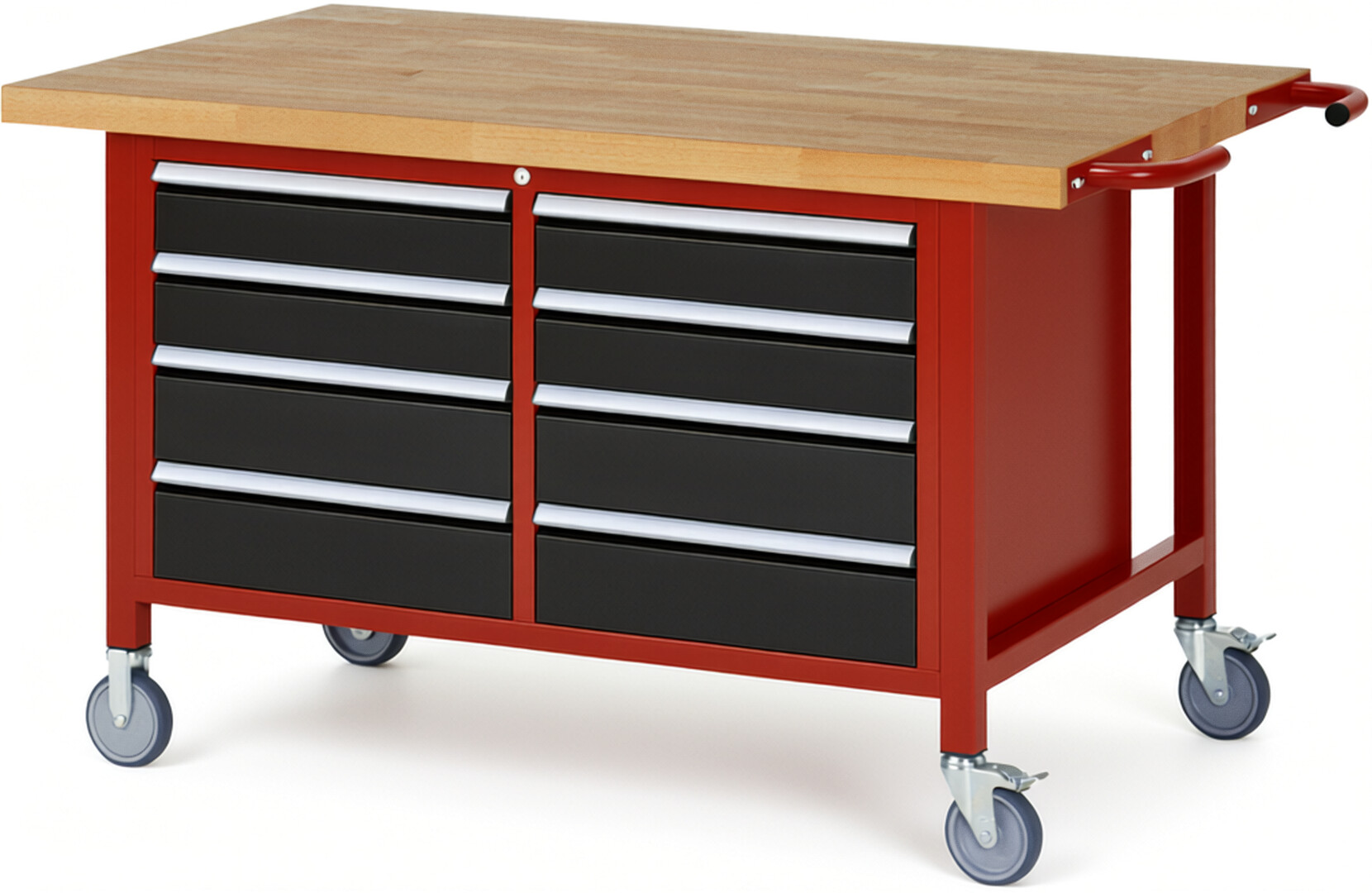 Fahrbare Werkbank Modell 8477 rot - schwarz, BxTxH 1500x900x880 mm,  Buche-Massiv Arbeitsplatte 40 mm,  8 Schubladen mit  Auszug 90 %