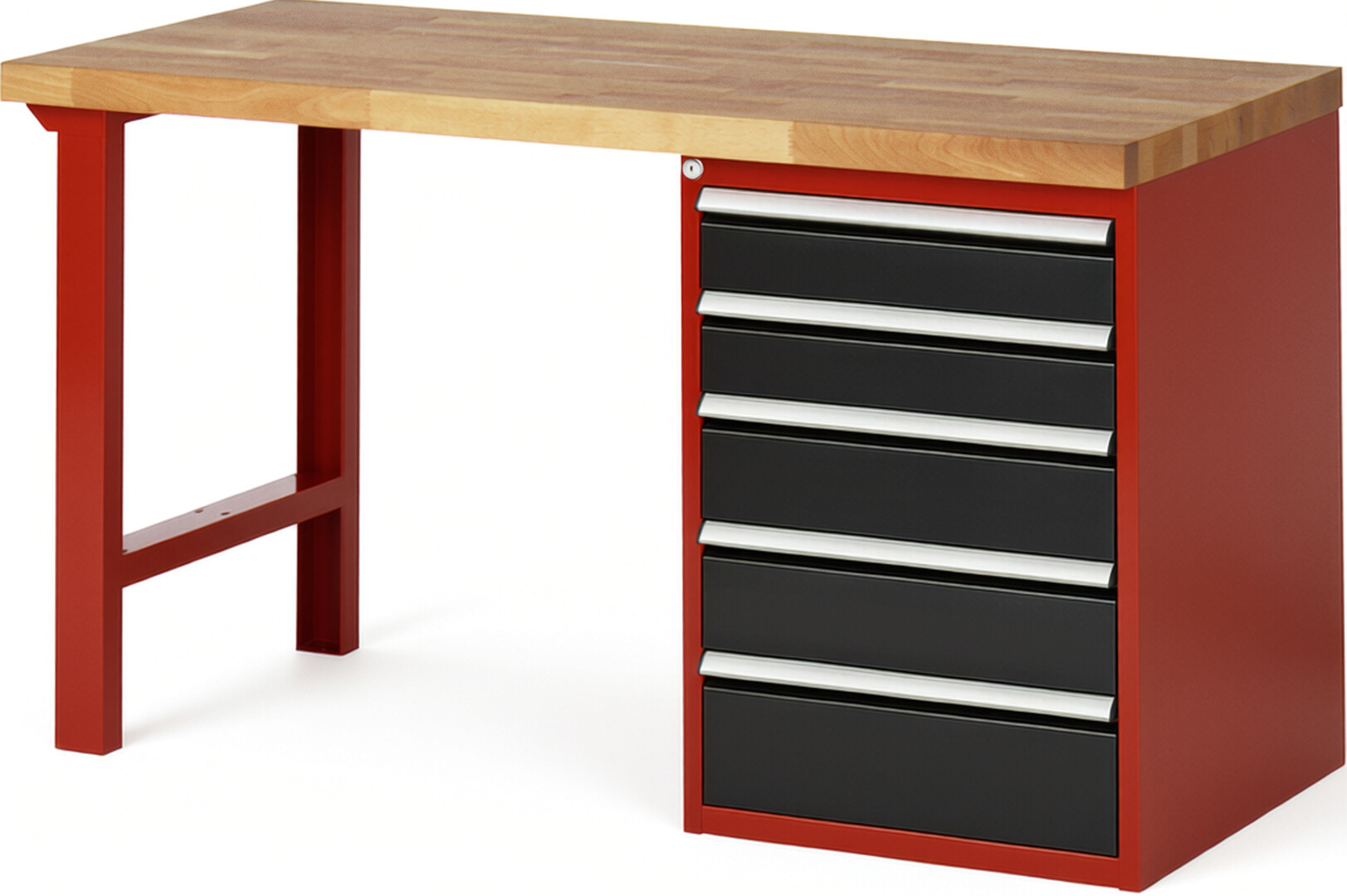 Werkbank Modell 7513 rot - schwarz, BxTxH 1500x700x890 mm,  Buche-Massiv Arbeitsplatte 40 mm,  5 Schubladen mit  Auszug 90 %