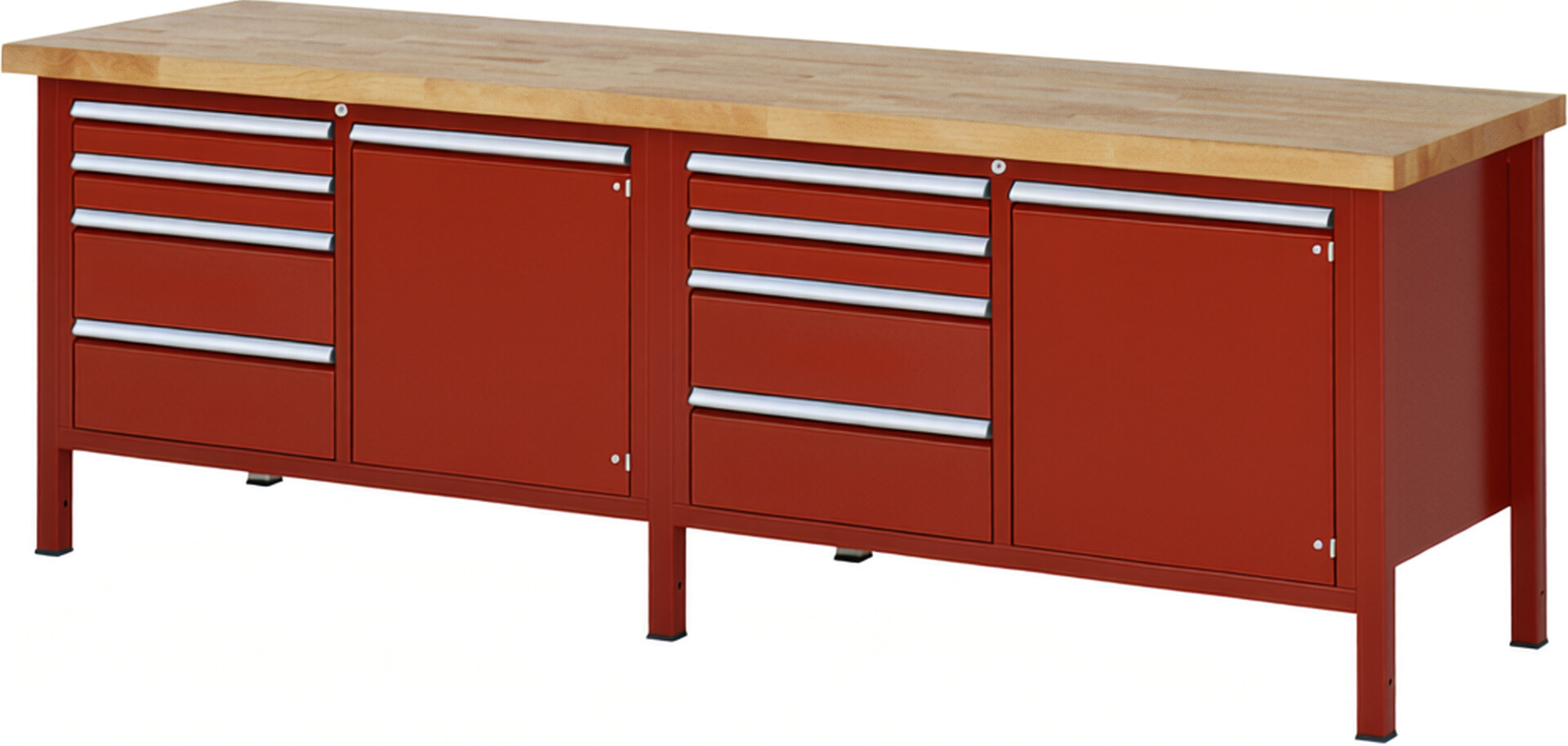 Werkbank Modell 8470 rot, BxTxH 2500x700x840-1040 mm,  Buche-Massiv Arbeitsplatte 40 mm,  8 Schubladen mit  Auszug 90 %