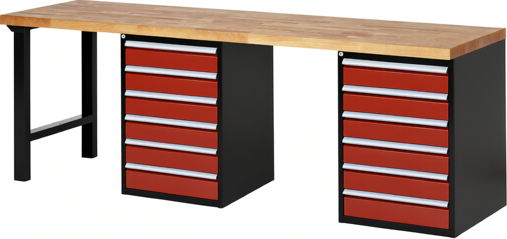 RAU Werkbank schwarz - rot - Breite 250 cm - Tiefe 70 cm - Höhe 89 cm - Buche-Massiv Arbeitsplatte 40 mm