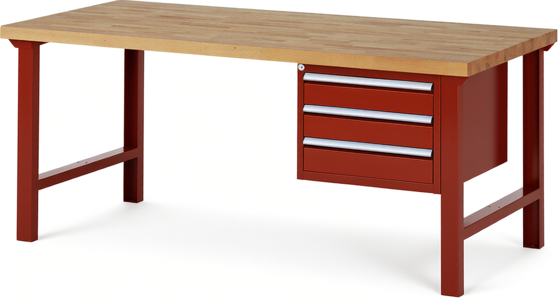 Werkbank Modell 7127 rot, BxTxH 2000x900x840 mm,  Buche-Massiv Arbeitsplatte 40 mm,  3 Schubladen mit  Vollauszug 100 % und  SoftClosing