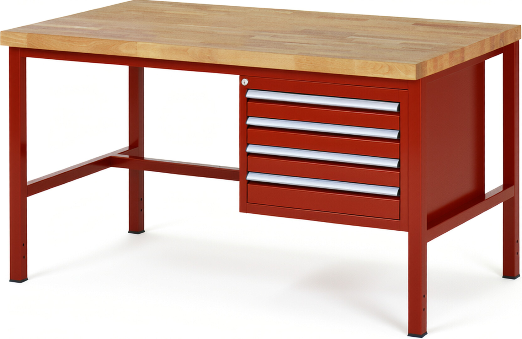 Werkbank Modell 8133 rot, BxTxH 1500x900x840 mm,  Buche-Massiv Arbeitsplatte 40 mm,  4 Schubladen mit  Auszug 90 %