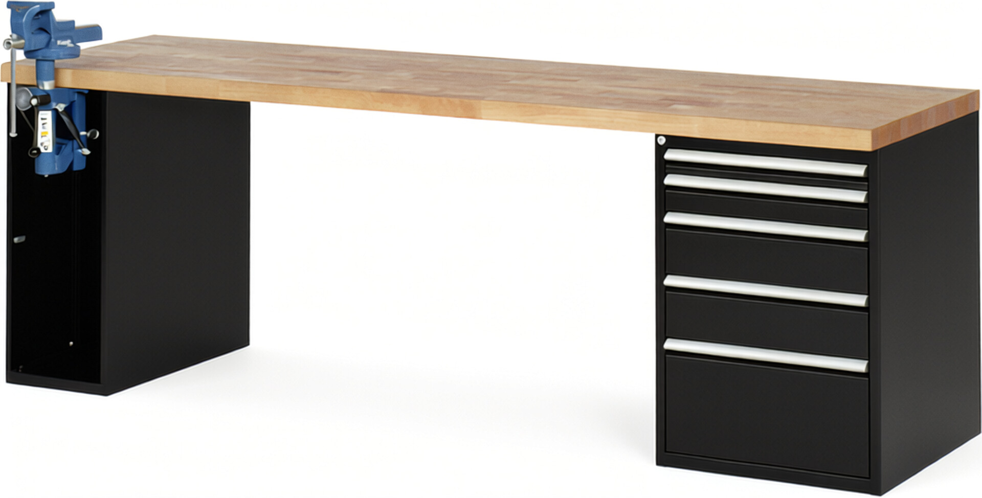 Werkbank Modell 7511 schwarz, BxTxH 2500x700x890 mm,  Buche-Massiv Arbeitsplatte 40 mm,  5 Schubladen mit  Auszug 90 %