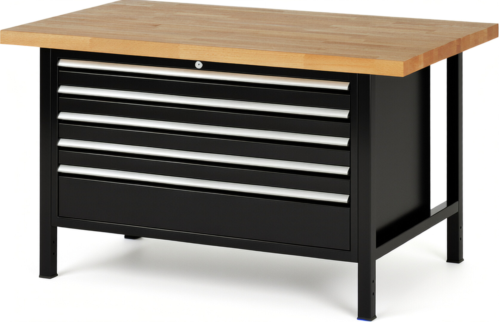 Werkbank Modell 8368 schwarz, BxTxH 1500x900x840 mm,  Buche-Massiv Arbeitsplatte 40 mm,  5 Schubladen mit  Auszug 90 %